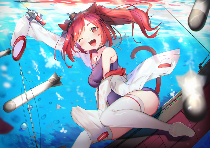 1girl :d animal_ears arm_up azur_lane blush breasts bubble cat_ears cat_tail day fang hair_ornament highres holding holding_weapon i-19_(azur_lane) isaka_wasabi long_hair long_sleeves looking_at_viewer machinery one_eye_closed open_mouth red_eyes redhead rigging school_swimsuit smile solo sunlight swimsuit tail thigh-highs torpedo twintails underwater weapon white_legwear