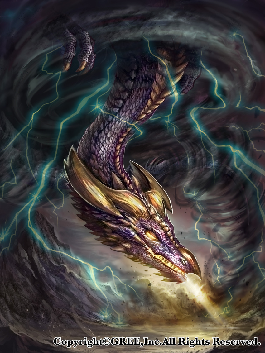 absurdres commentary_request dragon glowing glowing_eyes highres lightning monster no_humans official_art seisen_cerberus storm tornado watermark yellow_eyes z.dk