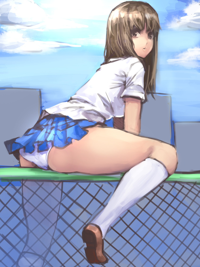 1girl :o absurdres bangs black_hair blue_skirt blush brown_hair chain-link_fence fence from_side highres kibellin kneehighs long_hair looking_at_viewer looking_back miniskirt on_fence original outdoors panties pantyshot pleated_skirt school_uniform serafuku shirt short_sleeves skirt solo straddling underwear uniform white_legwear white_panties white_shirt