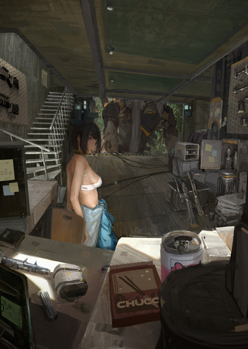1girl absurdres bare_arms bare_shoulders black_hair breasts can commentary_request ears_visible_through_hair faiz_azhar gun highres indoors lights looking_at_viewer original pants pencil short_hair solo stairs standing violet_eyes weapon wooden_floor
