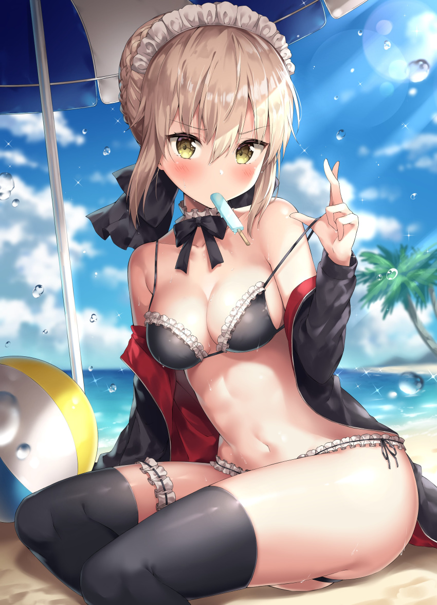 1girl absurdres ale_nqki artoria_pendragon_(all) artoria_pendragon_(swimsuit_rider_alter) ball bangs bare_shoulders beach beachball bikini black_bikini black_bow black_jacket black_legwear black_neckwear black_ribbon blue_sky blurry blurry_background blush bow bowtie braid breasts brown_hair choker cleavage clouds collarbone commentary_request day depth_of_field eyebrows_visible_through_hair fate/grand_order fate_(series) food food_in_mouth french_braid frilled_bikini_top frilled_choker frills hair_between_eyes hair_bun hair_ribbon hand_up highres jacket leg_garter long_sleeves looking_at_viewer maid_bikini maid_headdress medium_breasts melting mouth_hold navel ocean off_shoulder open_clothes open_jacket palm_tree parasol popsicle red_jacket ribbon saber_alter sand shade shiny shiny_hair shiny_skin short_hair side-tie_bikini sidelocks sitting sky solo stomach strap_pull summer sunlight swimsuit thigh-highs tree umbrella water_drop wet wet_hair white_choker yellow_eyes yokozuwari