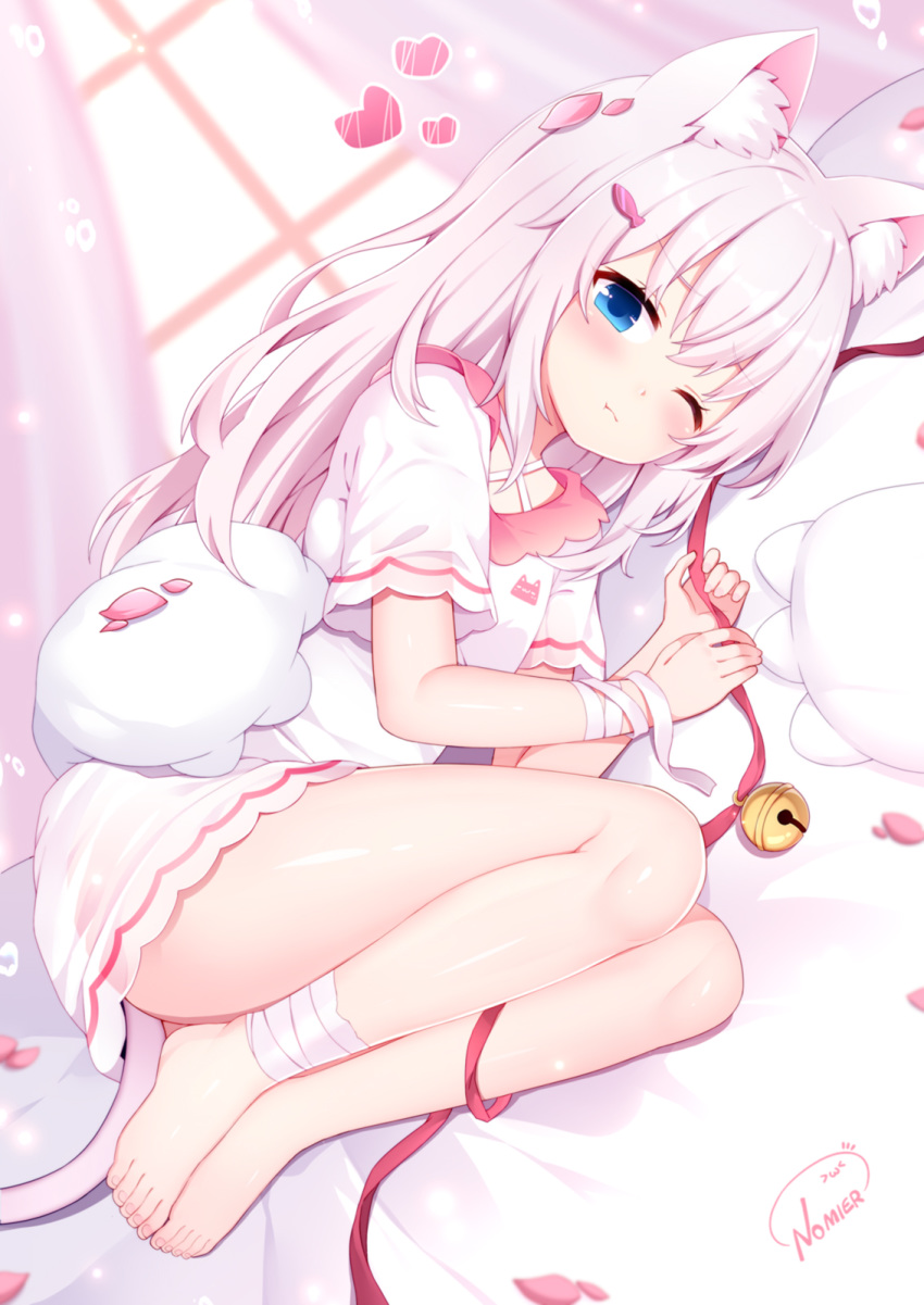1girl 1other animal_ear_fluff animal_ears bandaged_arm bandaged_leg bandages barefoot bell blue_eyes blush cat_ears cat_tail chinese_commentary commentary_request dress hair_ornament hairclip heart highres hug jingle_bell knees_up legs long_hair lying nomier on_side one_eye_closed original petals pink_dress pink_hair pout revision ribbon short_dress tail thighs toes