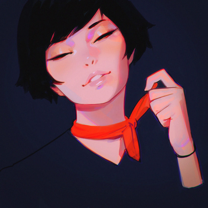 1girl black_hair close-up closed_eyes commentary face head_tilt ilya_kuvshinov lips neck_ribbon original parted_lips ribbon short_hair simple_background solo