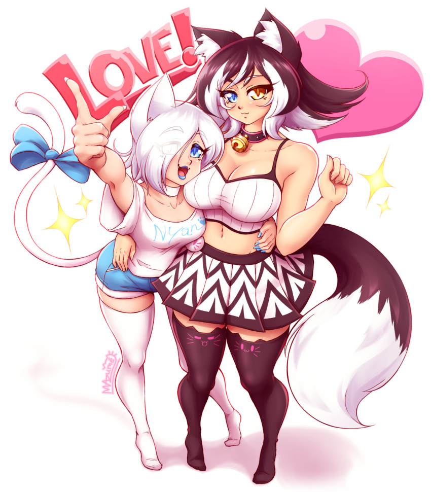 2girls :3 :d animal_band_legwear animal_ears arm_up artist_name bare_shoulders bell bell_collar black_hair black_legwear blue_eyes blue_lipstick blue_nails breasts cat_band_legwear cat_ears cat_tail choker collar collarbone eyebrows_visible_through_hair eyes_visible_through_hair full_body hand_on_another's_waist heart heterochromia highres index_finger_raised jingle_bell kat_(mazume) kit_(mazume) large_breasts lipstick makeup mazume midriff multicolored_hair multiple_girls nail_polish navel no_shoes open_mouth orange_eyes original short_shorts shorts signature simple_background skirt small_breasts smile sparkle symbol_commentary tail thigh-highs two-tone_hair white_background white_choker white_hair white_legwear