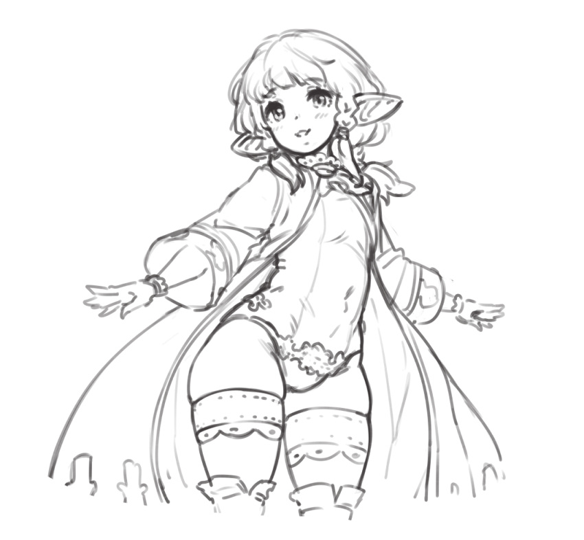1girl barbariank braid commentary english_commentary granblue_fantasy greyscale harvin looking_at_viewer monochrome panties philosophia pointy_ears robe simple_background sketch skindentation smile solo thigh-highs twin_braids underwear