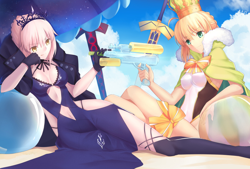 2girls :q artoria_pendragon_(all) artoria_pendragon_(swimsuit_archer) artoria_pendragon_(swimsuit_rider_alter) ball bangs beach beach_umbrella beachball black_gloves blonde_hair blue_dress blue_legwear bow braid breasts cape cleavage clouds coat competition_swimsuit crown dark_excalibur dress erect_nipples excalibur eyebrows_visible_through_hair fate/grand_order fate_(series) french_braid fur-trimmed_cape fur_trim gloves gogatsu_fukuin green_eyes hair_between_eyes highleg highleg_swimsuit highres jacket_on_shoulders medium_breasts multiple_girls navel navel_cutout one-piece_swimsuit planted_sword planted_weapon sand short_hair sly smile swimsuit sword thigh-highs thigh_bow tiara tongue tongue_out umbrella water_gun weapon white_swimsuit yellow_eyes