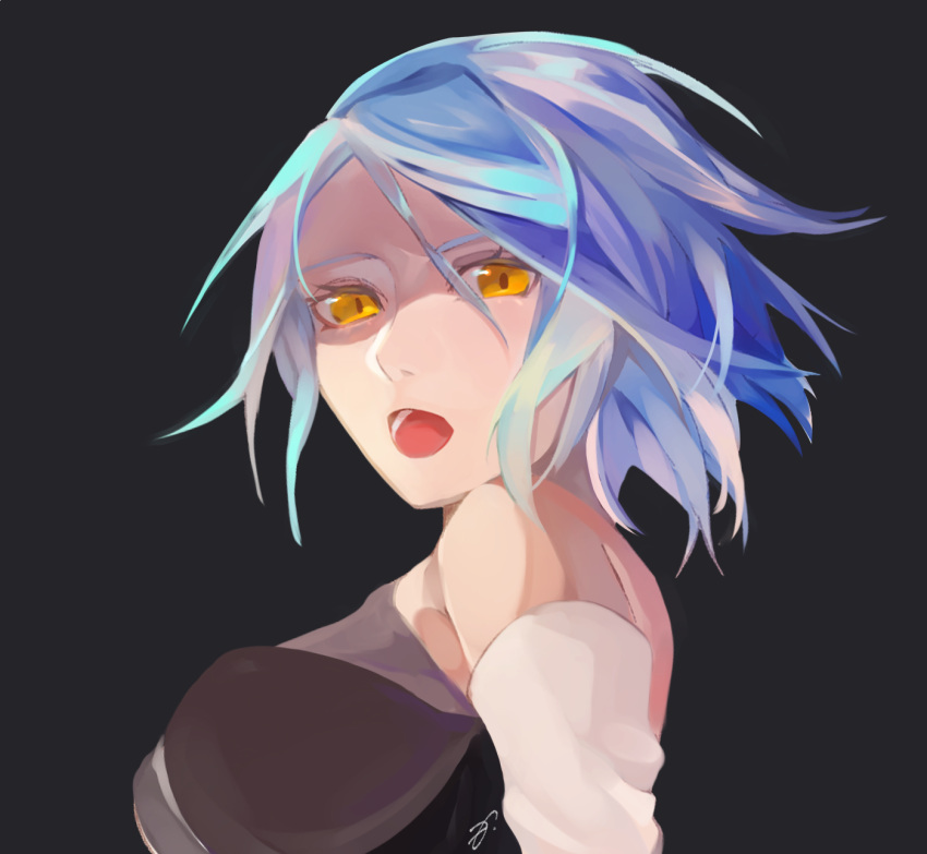 1girl aqua_(kingdom_hearts) bare_shoulders black_background blue_hair breasts dark_skin hair_between_eyes highres kingdom_hearts kingdom_hearts_iii medium_breasts motu0505 orange_eyes short_hair signature simple_background solo spoilers teeth upper_body