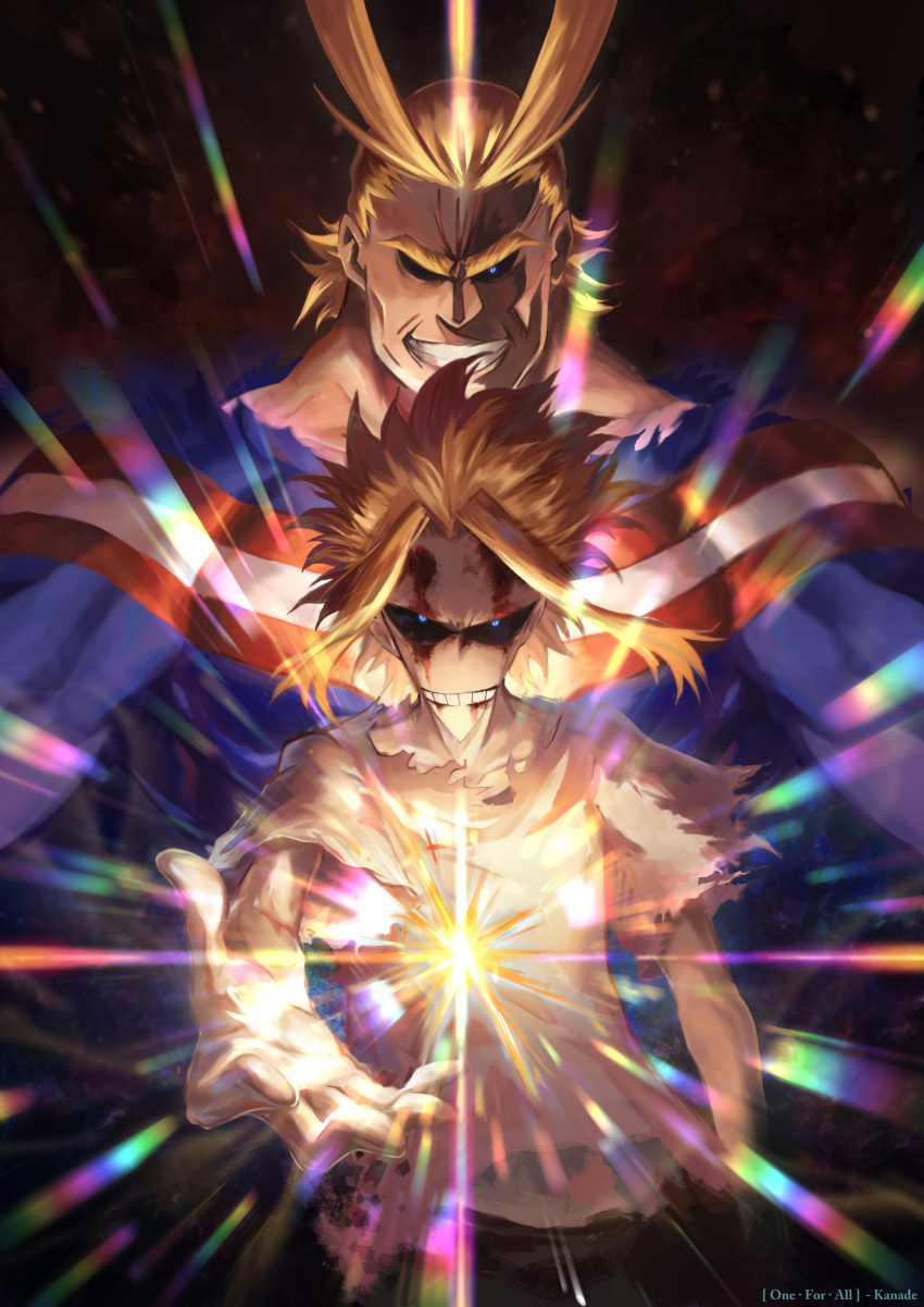 1boy absurdres all_might alternate_form black_sclera blonde_hair blood blood_on_face blue_eyes boku_no_hero_academia eyebrows glowing glowing_eyes hair_intakes highres lihua_zouxian_zhiyin male_focus muscle solo standing torn_clothes yagi_toshinori