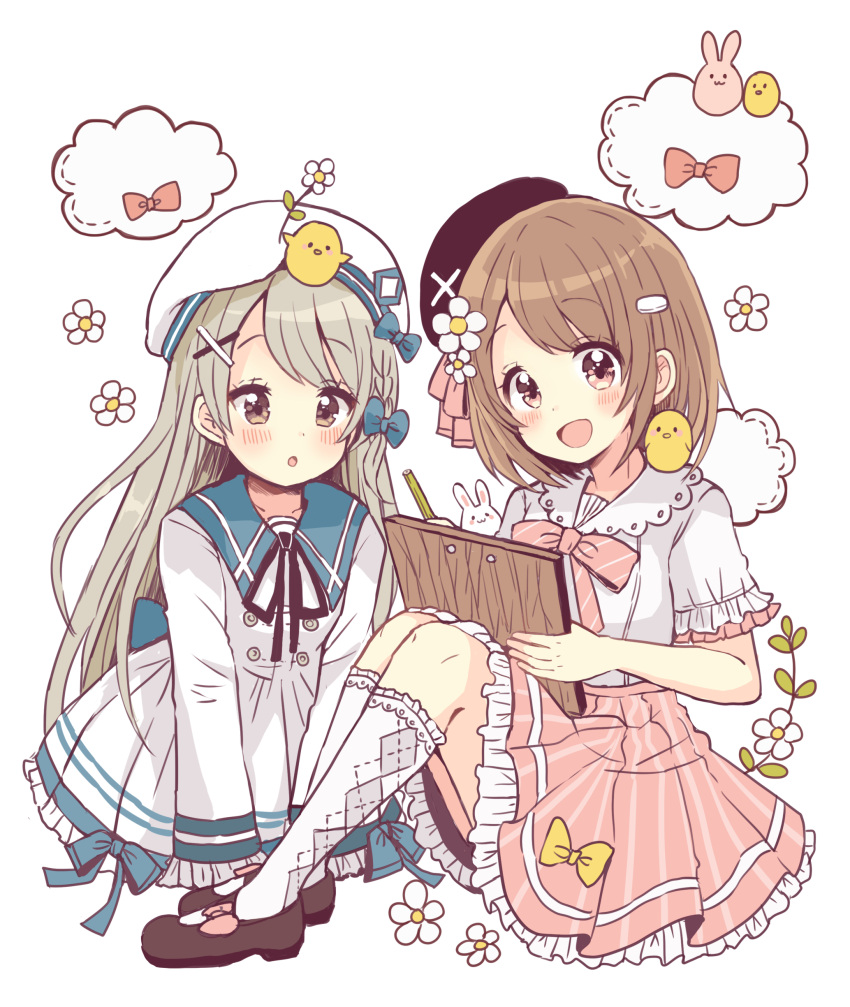 2girls :d :o absurdres animal animal_on_shoulder argyle argyle_legwear bangs beret bird black_footwear black_hat black_ribbon blue_bow blush bow braid brown_eyes brown_hair chick chick_on_head clipboard clouds double-breasted dress flower frilled_legwear frilled_skirt frills grey_hair hair_bow hair_ornament hairclip hat hat_flower highres kneehighs knees_up long_hair long_sleeves looking_at_viewer mary_janes multiple_girls neck_ribbon open_mouth original pink_neckwear pink_skirt rabbit red_bow ribbon sailor_dress sakura_oriko shirt shoes short_hair short_sleeves side_braid sitting skirt smile white_background white_flower white_hat white_legwear white_shirt writing x_hair_ornament yellow_bow