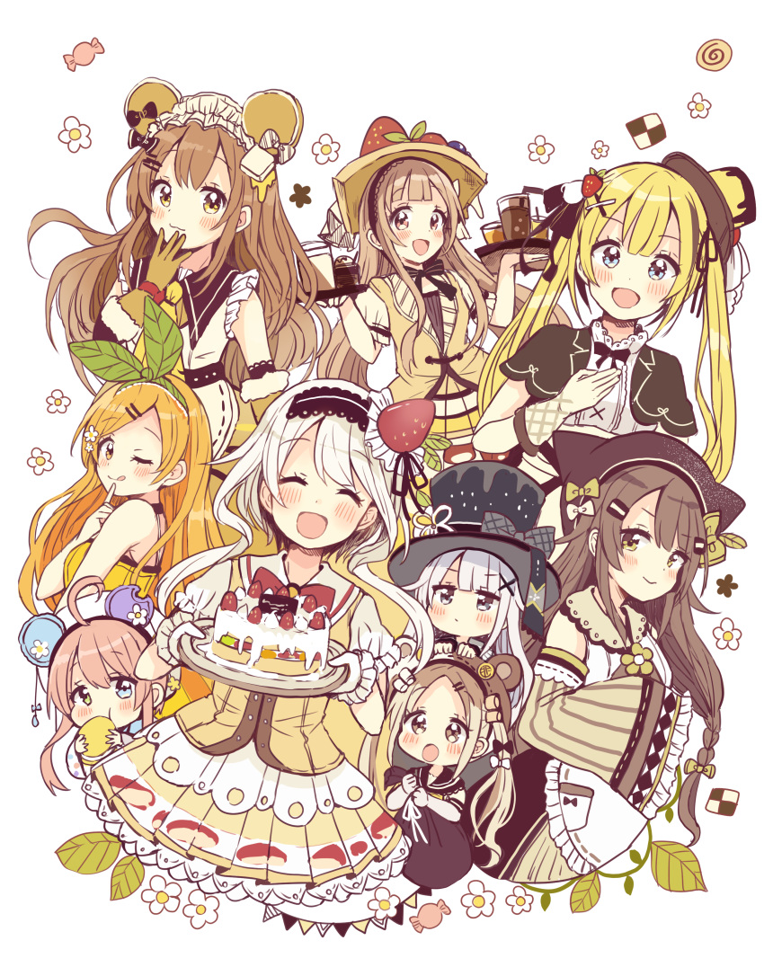 6+girls :d :o ;q absurdres ahoge animal_ears apron bangs bear_ears bear_hat black_eyes blonde_hair blue_eyes blunt_bangs blush bow brown_eyes brown_gloves brown_hair cake dress eating flower food food_themed_clothes food_themed_hair_ornament frilled_gloves frills fruit fur-trimmed_gloves fur_trim gloves green_eyes hair_bow hair_ornament hair_ribbon hairband hairpin hand_on_own_chest hand_to_own_mouth hands_on_another's_head hat heterochromia highres holding holding_tray jitome leaf_hair_ornament long_hair looking_at_viewer looking_back macaron maid multiple_girls one_eye_closed open_mouth original pink_hair pudding ribbon sakura_oriko silver_hair sleeves_past_wrists smile strawberry strawberry_hair_ornament tongue tongue_out tray twintails white_gloves wide_sleeves x_hair_ornament yellow_bow yellow_eyes