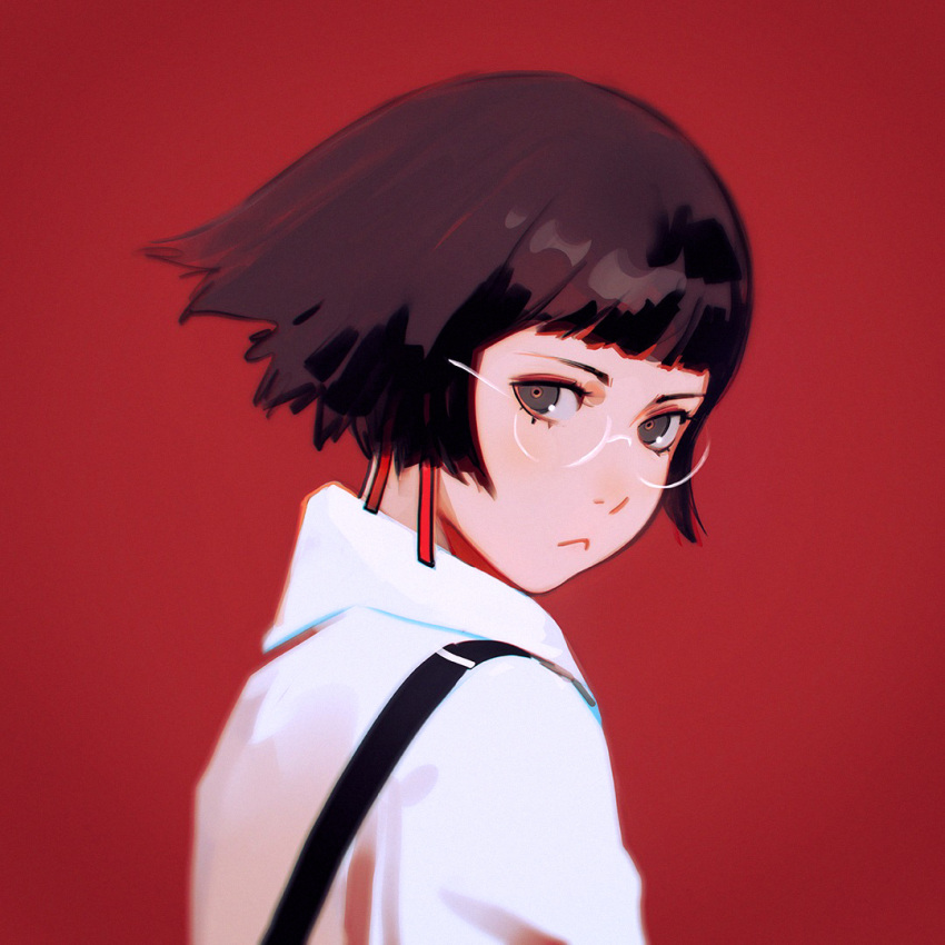 1girl bespectacled brown_eyes brown_hair closed_mouth commentary glasses ilya_kuvshinov looking_at_viewer looking_to_the_side original red_background shirt simple_background solo upper_body white_shirt