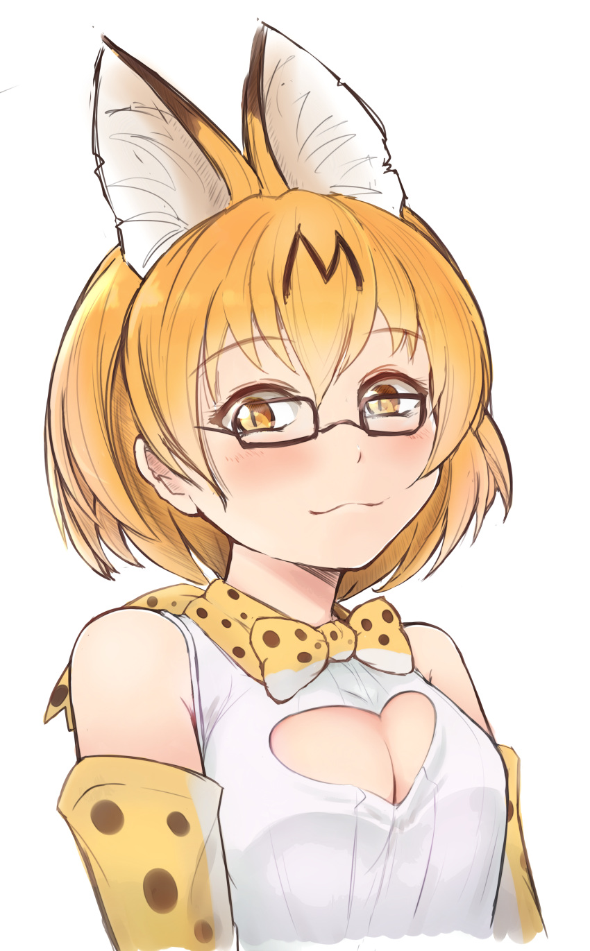 1girl :3 absurdres animal_ears bare_shoulders blonde_hair blush bow bowtie breasts cleavage_cutout commentary_request elbow_gloves extra_ears eyebrows_visible_through_hair glasses gloves highres kemono_friends looking_at_viewer medium_breasts print_gloves print_neckwear rin_(ashleyy) serval_(kemono_friends) serval_ears shirt short_hair simple_background sleeveless sleeveless_shirt slit_pupils solo yellow_eyes