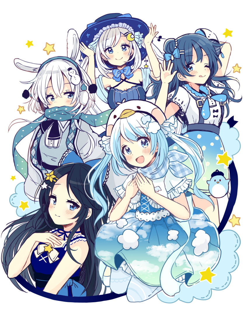 5girls :d ;q absurdres animal_ears arm_up ascot bangs bird bird_hood blue blue_bow blue_dress blue_eyes blue_hair blue_hat blue_legwear blue_neckwear blue_scarf blue_skirt blush bow bowtie capelet chick coat crescent crescent_hair_ornament criss-cross_halter dress earmuffs frilled_hat frills hair_bow hair_ornament hairpin halterneck hand_on_own_chest hand_up hands_on_headwear hands_together hat highres kneeling long_hair looking_at_viewer multiple_girls one_eye_closed open_mouth original polka_dot polka_dot_scarf polka_dot_skirt pom_pom_(clothes) rabbit_ears sakura_oriko scarf short_hair side_bun sidelocks skirt sky_print smile snowman_hair_ornament star star_hair_ornament suspenders tongue tongue_out twintails white_hair