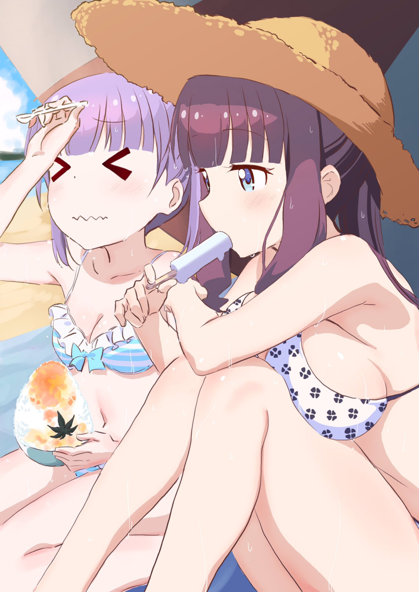 &gt;_&lt; 2girls :s bangs beach bikini blue_eyes blunt_bangs blush bowl brain_freeze breast_press breasts closed_eyes day eating eyebrows_visible_through_hair feet_out_of_frame food from_side hat highres holding hot ice_cream ice_cream_spoon large_breasts multiple_girls new_game! pink_x popsicle purple_hair redhead sitting straw_hat suzukaze_aoba sweat swimsuit takimoto_hifumi twintails wavy_mouth