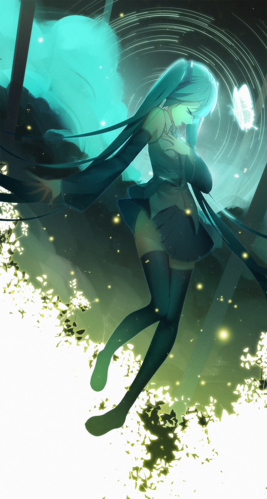 1girl black_footwear black_skirt blue_eyes blue_hair boots bug butterfly detached_sleeves eyebrows_visible_through_hair floating_hair full_body grey_shirt hair_between_eyes hatsune_miku highres insect long_hair miniskirt natsu_yorumei necktie open_mouth pleated_skirt shirt skirt sleeveless sleeveless_shirt solo thigh-highs thigh_boots twintails very_long_hair vocaloid zettai_ryouiki