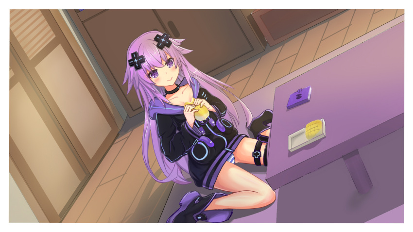 1girl adult_neptune bare_legs blush boots breasts choker cleavage collarbone commentary commentary_request d-pad d-pad_hair_ornament food hair_ornament highres holding holding_food hood hooded_jacket indoors jacket kamitsuki-yuu long_hair neptune_(series) notepad panties pantyshot pantyshot_(sitting) purple_hair seiza shin_jigen_game_neptune_vii sitting sitting_on_ground smile solo striped striped_panties thigh_strap underwear very_long_hair violet_eyes