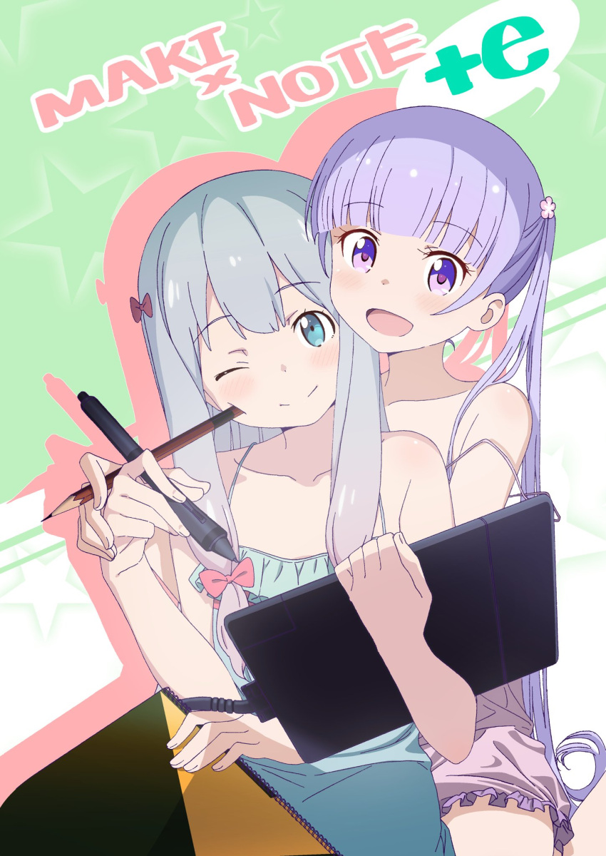 2girls :d blue_eyes blue_hair blush bow camisole commentary_request crossover drawing_tablet eromanga_sensei eyebrows_visible_through_hair hair_bow highres holding izumi_sagiri long_hair multiple_girls new_game! one_eye_closed open_mouth pink_bow pink_x purple_hair smile stylus suzukaze_aoba twintails violet_eyes