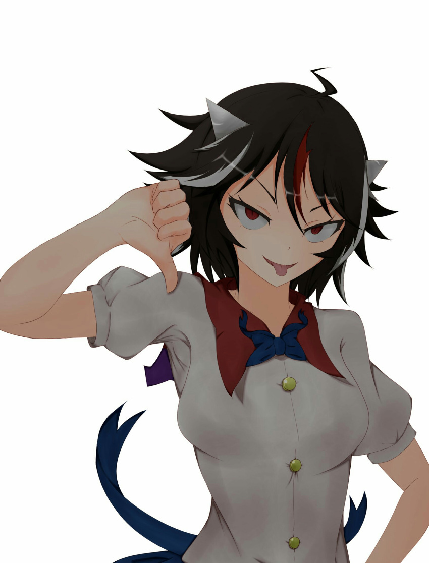 1girl :p abyss_arts black_hair breasts collared_shirt commentary_request highres horns kijin_seija looking_at_viewer medium_breasts multicolored_hair red_eyes redhead shirt short_hair simple_background slit_pupils solo streaked_hair thumbs_down tongue tongue_out touhou upper_body white_background white_hair white_shirt