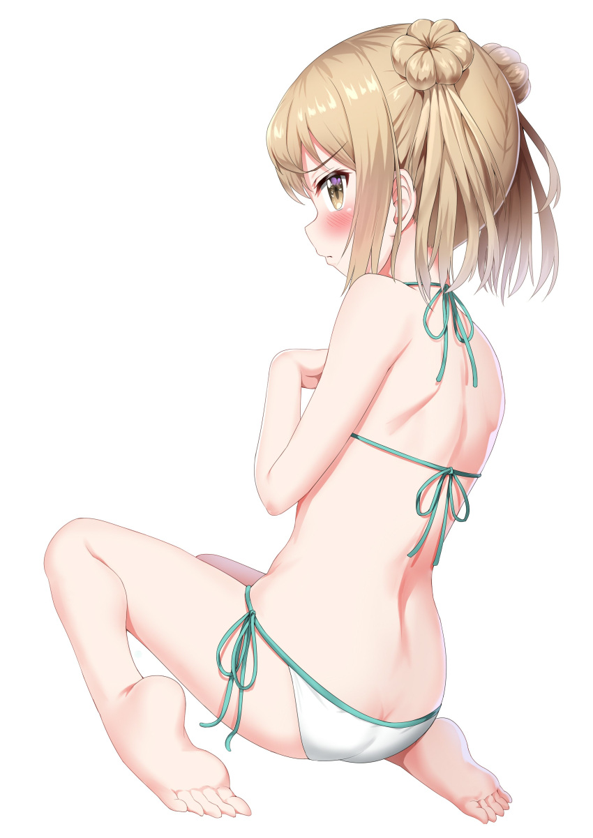 1girl absurdres ass bare_arms bare_shoulders barefoot bikini blush butt_crack double_bun embarrassed from_behind hand_on_own_chest highres kantai_collection light_brown_eyes light_brown_hair looking_at_viewer looking_back michishio_(kantai_collection) nedia_(nedia_region) short_twintails side-tie_bikini simple_background sitting soles solo swimsuit twintails wariza white_background white_bikini