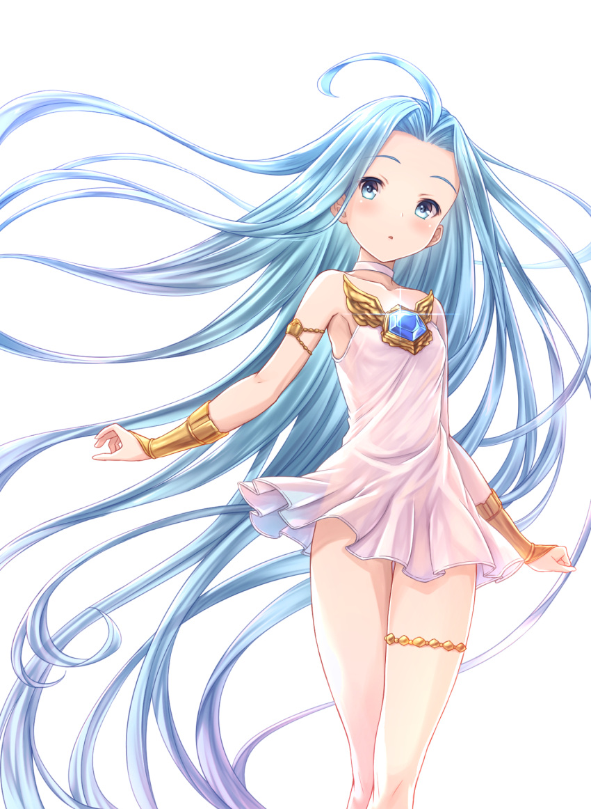 1girl :o ahoge armlet armpit_peek bare_shoulders blue_eyes blue_hair blush breasts bridal_gauntlets choker collarbone dress floating_hair glint granblue_fantasy hair_intakes head_tilt highres legs_together long_hair looking_at_viewer lyria_(granblue_fantasy) shiny shiny_hair short_dress simple_background small_breasts solo standing straight_hair strapless strapless_dress thigh_gap thighlet tomo_(user_hes4085) very_long_hair white_background white_choker white_dress