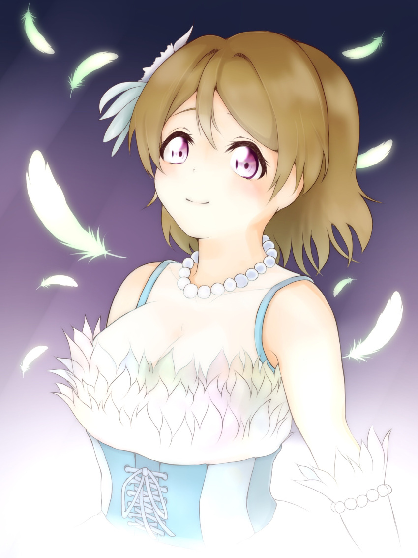 1girl brown_hair closed_mouth dress feather gloves jewerly koizumi_hanayo lips love_live! love_live!_school_idol_project parted_lips pearl punipuni_panayo short_hair solo violet_eyes