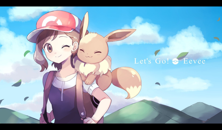 1girl :3 ^_^ backpack bag baseball_cap black_vest blue_sky brown_eyes brown_hair closed_eyes closed_mouth clouds collarbone day eevee english female_protagonist_(pokemon_lgpe) gen_1_pokemon hat holding_strap leaf letterboxed long_hair looking_at_viewer mei_(maysroom) mountain one_eye_closed outdoors pokemon pokemon_(creature) pokemon_(game) pokemon_lgpe pokemon_on_shoulder ponytail red_hat revision shirt sky smile upper_body vest walking white_shirt wind