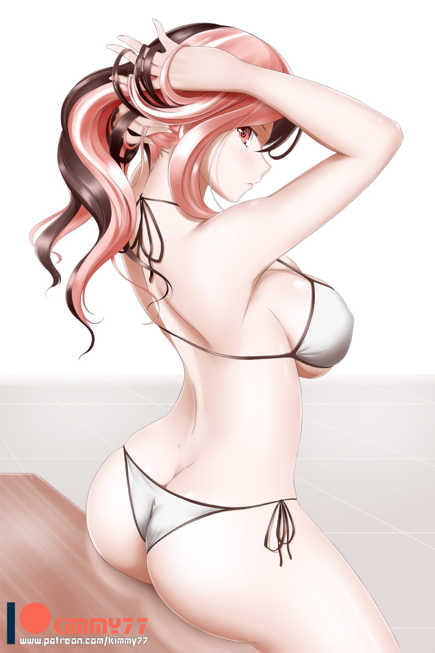 1girl adjusting_hair alfred_cullado arms_behind_head arms_up ass bikini blush breasts brown_hair butt_crack cleavage erect_nipples from_behind hands_in_hair highres jewelry large_breasts lips long_hair looking_at_viewer looking_back multicolored_hair necklace neo_(rwby) parted_lips pink_eyes pink_hair rwby shiny shiny_hair shiny_skin side-tie_bikini sitting solo swimsuit two-tone_hair under_boob white_bikini white_hair