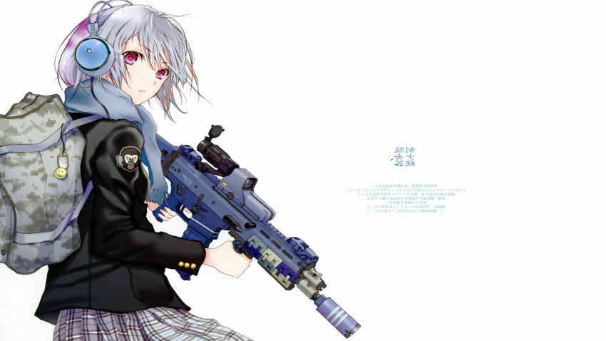 1girl artist_request assault_rifle bag character_request copyright_request dress eotech gun highres looking_at_viewer monkey pink_eyes rifle school_uniform solo source_request weapon white_background white_hair