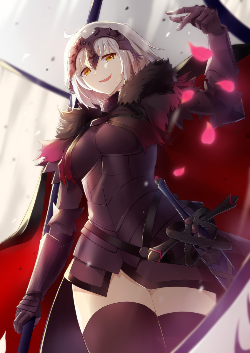 1girl absurdres arm_up armor armored_dress black_dress black_legwear breastplate breasts cape chains commentary_request cowboy_shot dress eyebrows_visible_through_hair fate/grand_order fate_(series) fur_trim gauntlets grey_background headpiece highres igakusei jeanne_d'arc_(alter)_(fate) jeanne_d'arc_(fate)_(all) looking_at_viewer medium_breasts open_mouth petals scabbard sheath sheathed short_hair silver_hair smile solo standing sword thigh-highs thighs weapon yellow_eyes zettai_ryouiki