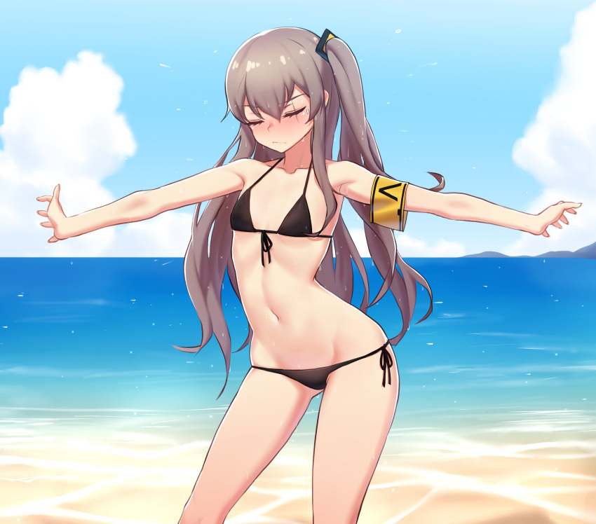 1girl armband bangs beach bikini black_bikini blue_sky breasts brown_hair closed_eyes closed_mouth clouds collared_vest commentary_request day eyebrows_visible_through_hair front-tie_bikini front-tie_top girls_frontline highres narynn navel ocean outdoors outstretched_arms scar scar_across_eye side-tie_bikini side-tie_bottom side_ponytail sky small_breasts solo standing swimsuit ump45_(girls_frontline) water wet