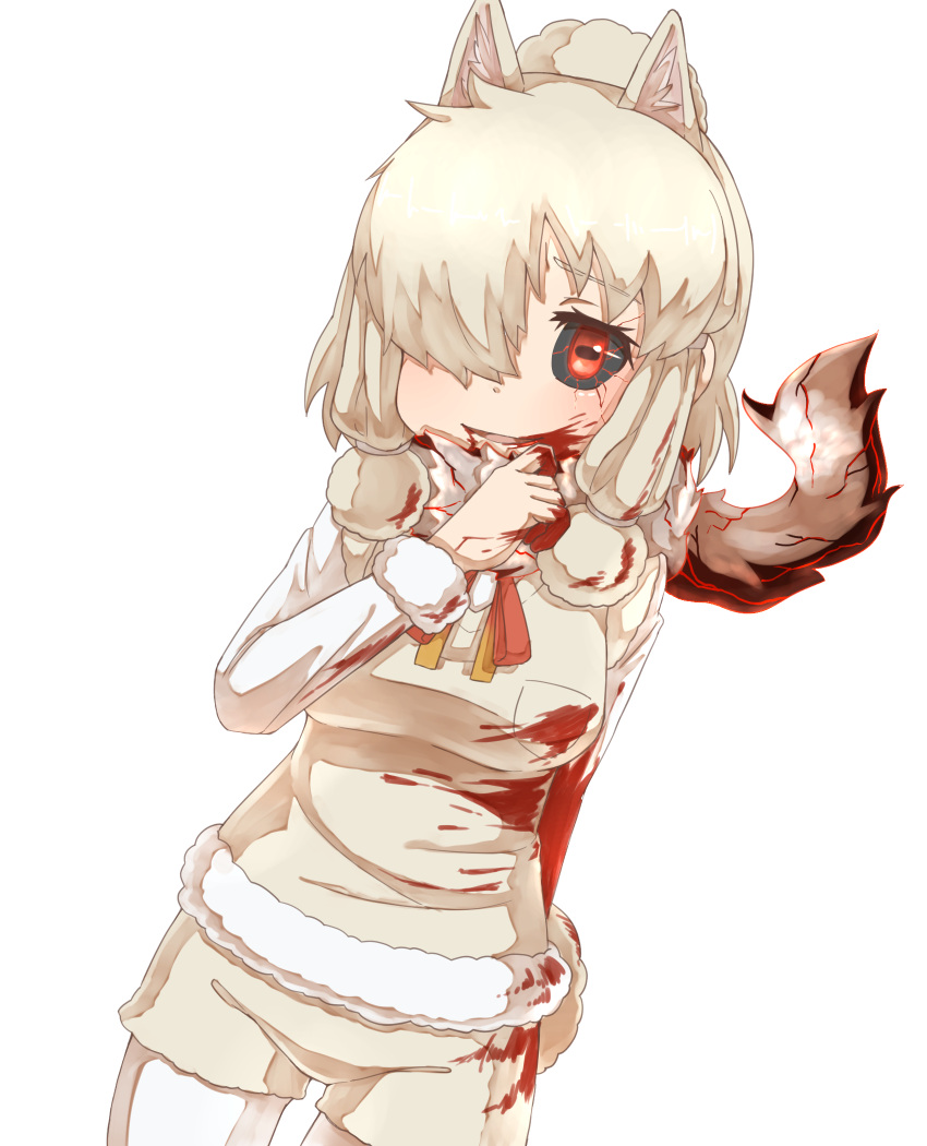 1girl alpaca_suri_(kemono_friends) alpaca_tail arm_at_side black_sclera blonde_hair blood blood_on_face bloody_hands commentary_request extra_ears eyebrows_visible_through_hair fur_collar hair_over_one_eye highres horizontal_pupils kemono_friends parted_lips red_eyes short_shorts shorts simple_background smile solo tail tenya tokyo_ghoul white_background