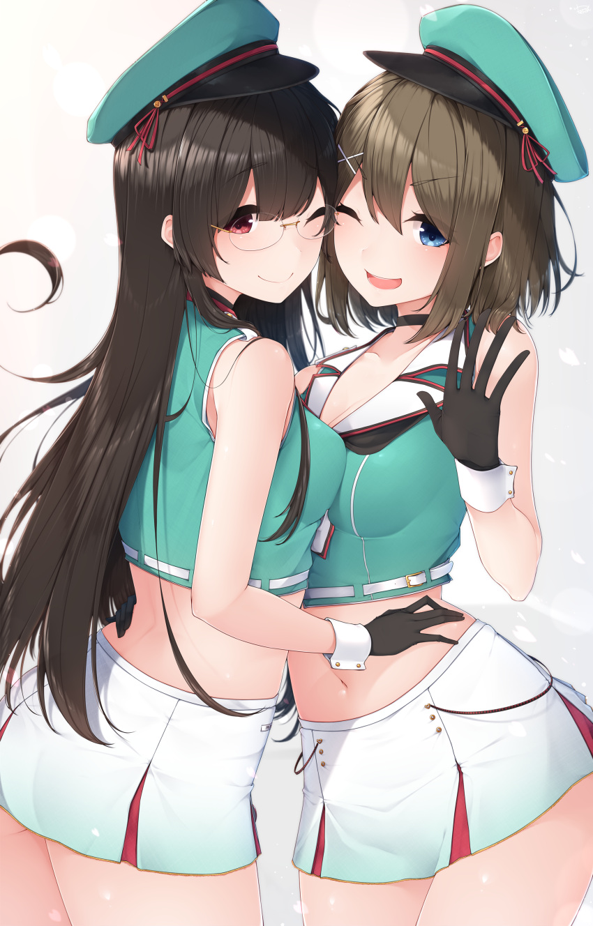 2girls absurdres bare_shoulders black_gloves black_hair blue_eyes blue_hat blush breast_press breasts brown_hair choukai_(kantai_collection) cleavage collarbone glasses gloves hair_ornament hairclip hat highres kantai_collection long_hair looking_at_viewer maya_(kantai_collection) medium_breasts medium_hair midriff miniskirt multiple_girls navel one_eye_closed open_mouth peaked_cap red_eyes remodel_(kantai_collection) simple_background skirt smile standing symmetrical_docking upper_body waving white_background white_skirt yukichi_(sukiyaki39)