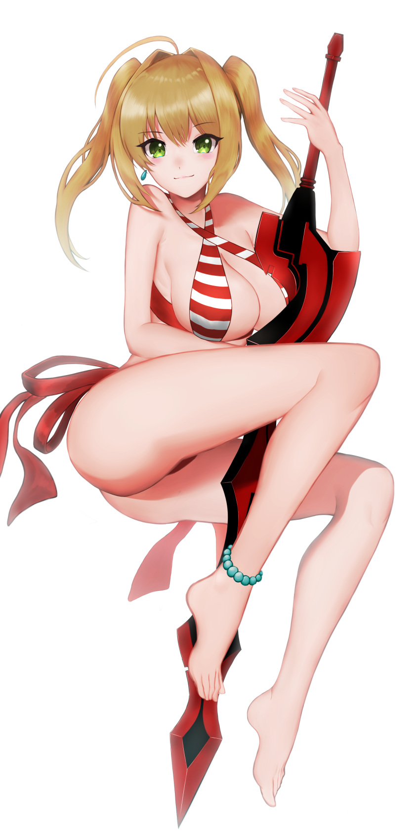 1girl absurdres barefoot blonde_hair breasts cleavage commentary_request fate/extra fate/grand_order fate_(series) feet green_eyes highres hondashi_(ktsheart0119) large_breasts long_hair nero_claudius_(fate) nero_claudius_(fate)_(all) nero_claudius_(swimsuit_caster)_(fate) solo swimsuit sword twintails weapon