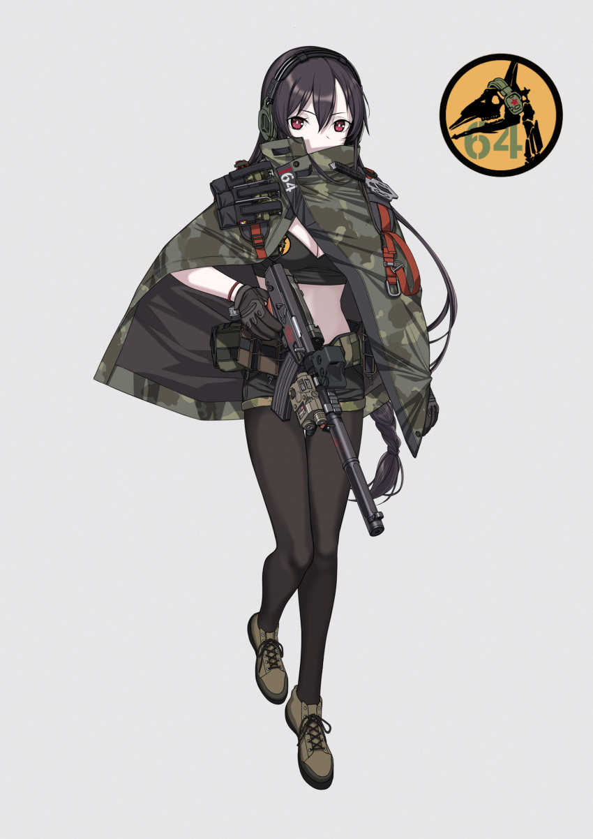 1girl absurdres alternate_costume belt belt_pouch black_gloves black_hair braid breasts camouflage camouflage_print camouflage_shorts cleavage cloak commentary_request covered_mouth crop_top earmuffs explosive expressionless flashbang girls_frontline gloves grenade grey_background gun hair_between_eyes headphones highres holding holding_gun holding_weapon logo long_hair looking_at_viewer magazine_(weapon) medium_breasts midriff military military_uniform pantyhose pouch red_eyes shoes shorts sidelocks simple_background skeleton sling solo strap submachine_gun type_64_(girls_frontline) type_64_smg uniform weapon woodland_pattern yitiao_er-hua