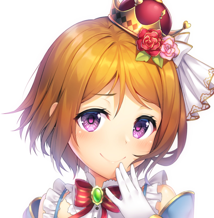 1girl bow bowtie brooch brown_hair crown flower frills gloves hair_flower hair_ornament hand_to_own_mouth highres jewelry koizumi_hanayo kokkeina_budou looking_at_viewer love_live! love_live!_school_idol_festival love_live!_school_idol_project pink_flower pink_rose portrait red_eyes red_flower red_rose rose short_hair simple_background smile smug solo striped_neckwear violet_eyes white_background white_gloves