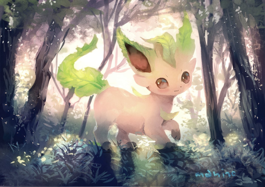 :3 brown_eyes closed_mouth commentary_request day forest from_side gen_4_pokemon grass leaf leafeon looking_at_viewer manino_(mofuritaionaka) nature no_humans pokemon pokemon_(creature) signature smile solo tree