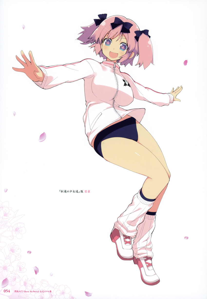 1girl absurdres bangs blush buruma full_body hair_ribbon highres long_sleeves looking_at_viewer official_art open_mouth page_number pink_hair ribbon scan senran_kagura shoes short_hair simple_background smile sneakers socks solo yaegashi_nan zipper