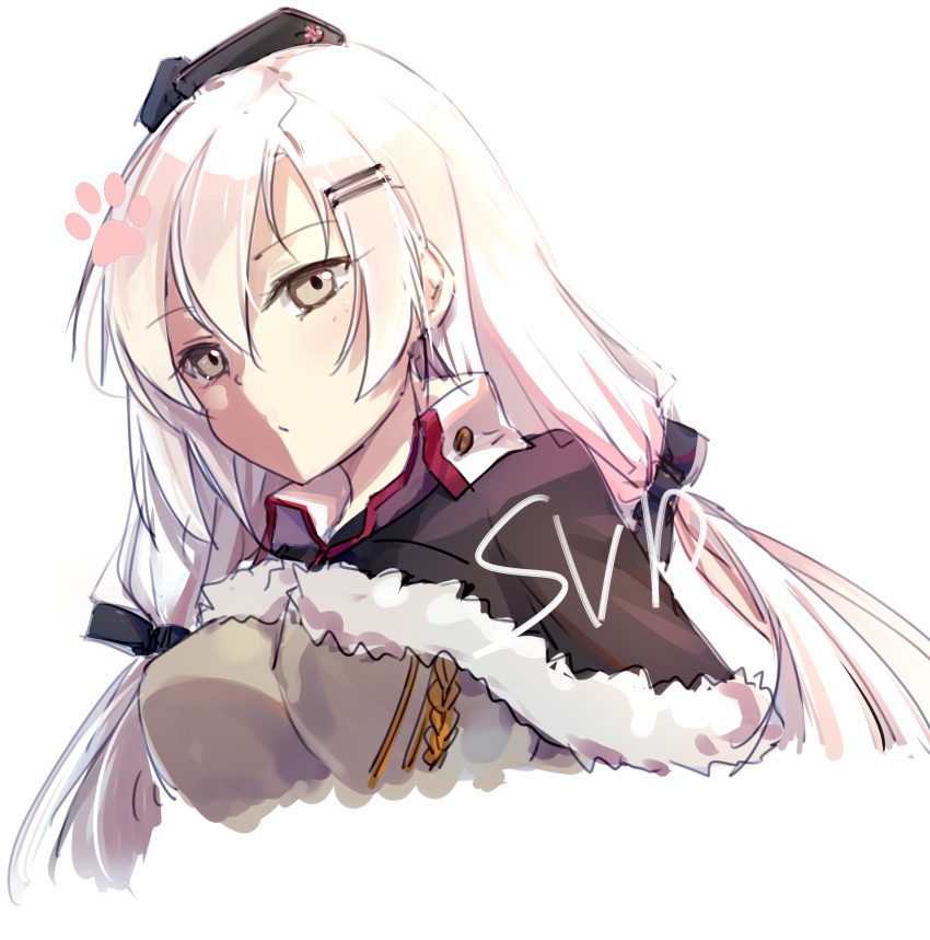 1girl absurdres aiguillette breasts capelet character_name closed_mouth expressionless eyebrows_visible_through_hair girls_frontline grey_eyes hair_between_eyes hair_ornament hair_ribbon hairclip hamster_(hanmster) hat highres large_breasts long_hair looking_at_viewer low_twintails paw_print ribbon sidelocks silver_hair simple_background sketch solo svd_(girls_frontline) twintails upper_body