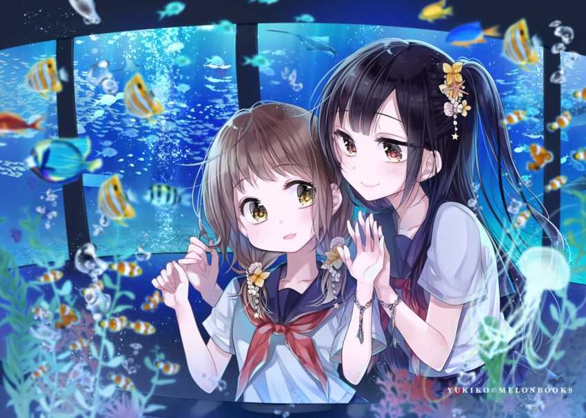 aquarium black_hair blue_background blush brown_eyes copyright_name fish food fruit hands_up highres looking_at_another melon official_art original ponytail school_uniform serafuku short_twintails smile starfish_hair_ornament twintails upper_body wristband yukiko_(tesseract) yuri