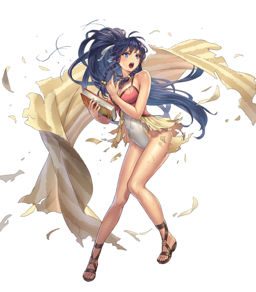 1girl bare_arms bare_shoulders blue_eyes blush book braid breasts cleavage cuboon female fire_emblem fire_emblem_heroes full_body highres holding holding_book legs long_hair looking_away no_legwear no_socks o-ring official_art open_mouth open_shoes ponytail sandals shoes simple_background solo swimsuit tana tied_hair toeless_footwear torn_clothes torn_swimsuit transparent_background twin_braids upper_teeth