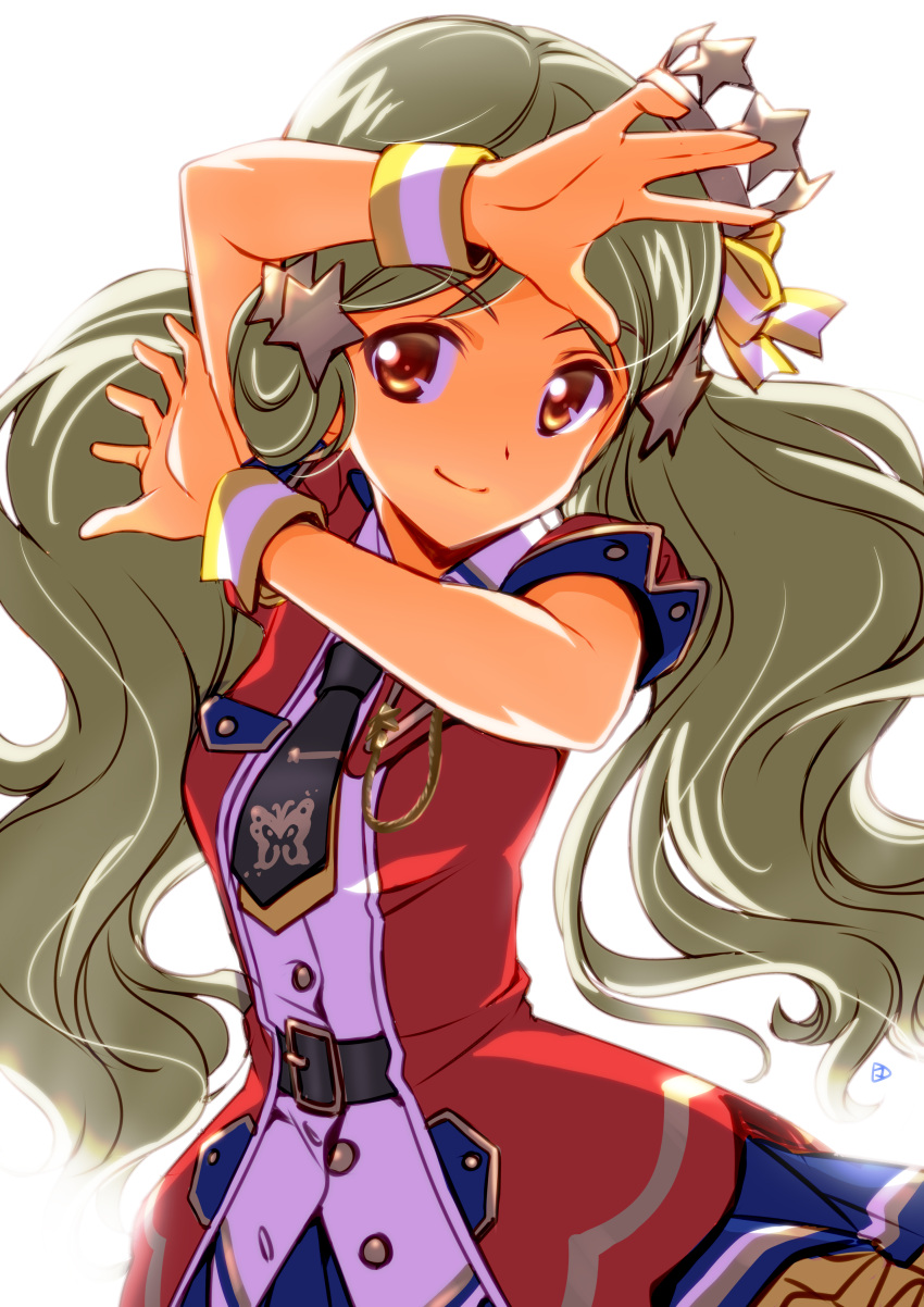 1girl absurdres black_neckwear brown_eyes eyebrows_visible_through_hair floating_hair green_hair hair_ornament hair_ribbon handa_roko hat highres idolmaster idolmaster_million_live! idolmaster_million_live!_theater_days layered_skirt long_hair mercy_rabbit mini_hat miniskirt necktie ribbon short_sleeves simple_background skirt smile solo standing star star_hair_ornament striped striped_ribbon twintails very_long_hair white_background wristband