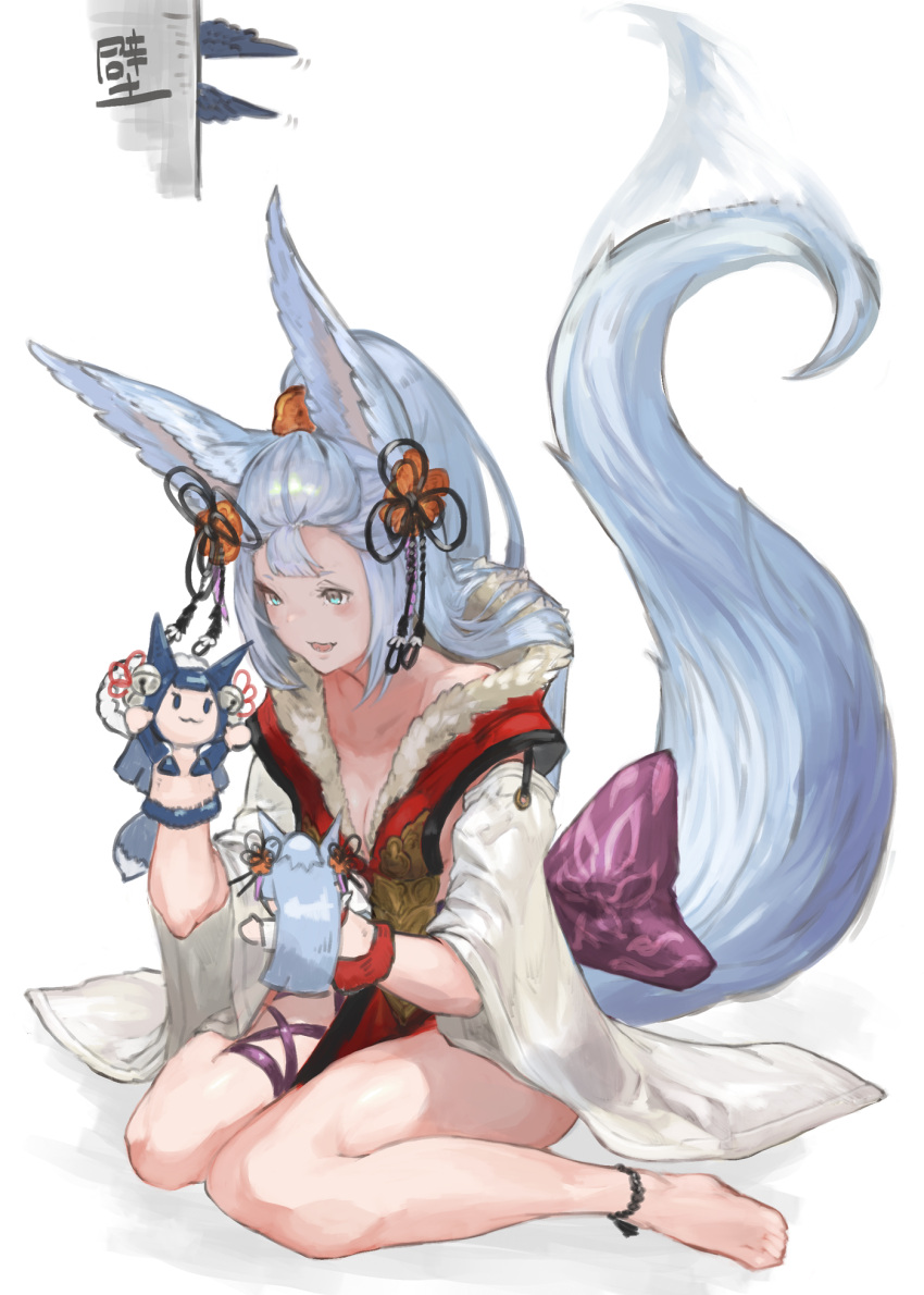 1girl animal_ears barefoot blue_eyes blush commentary_request detached_sleeves fox_ears fox_tail granblue_fantasy hand_puppet highres long_hair n9+ open_mouth puppet silver_hair sitting socie_(granblue_fantasy) solo tail tail_wagging wariza white_background