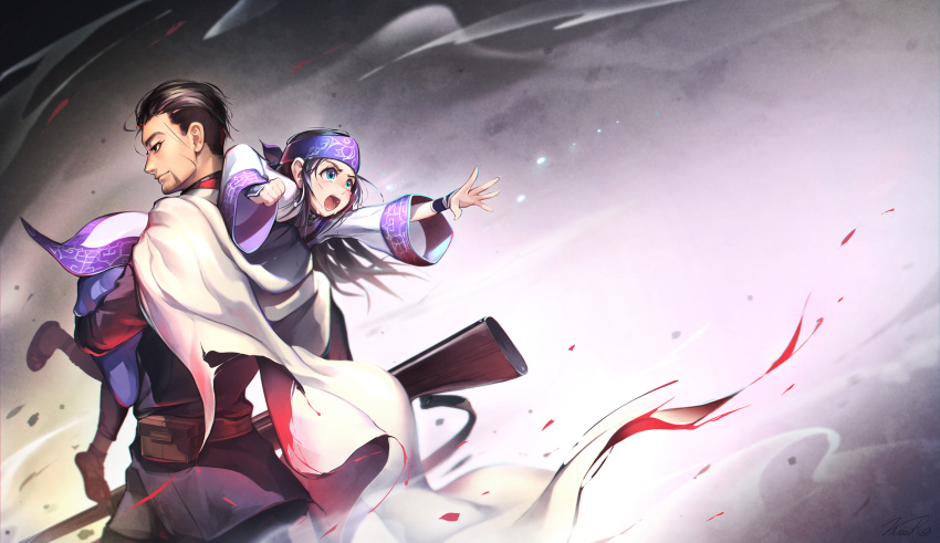 1boy 1girl ainu ainu_clothes asirpa bag bandanna black_eyes black_hair blue_eyes carrying_over_shoulder clenched_hand cloak cowboy_shot crying crying_with_eyes_open earrings facial_scar fingerless_gloves gloves golden_kamuy grey_background gun hair_slicked_back highres hoop_earrings jewelry jizero lifting_person long_hair military military_uniform ogata_hyakunosuke open_mouth outstretched_hand profile rifle satchel scar scar_on_cheek short_hair shouting smirk tears uniform weapon wide_sleeves
