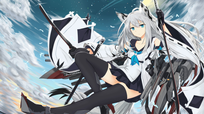 1girl absurdres along animal_ears azur_lane bangs bird black_gloves black_hair black_legwear black_sailor_collar black_skirt blue_eyes blue_neckwear blue_sky breasts cannon clouds collarbone dual_wielding eyebrows_visible_through_hair eyes_visible_through_hair fox_ears gloves hair_between_eyes high_heels highres holding holding_sword holding_weapon kawakaze_(azur_lane) light_particles long_hair machinery multicolored_hair neckerchief pleated_skirt rigging rudder_shoes sailor_collar shirt shoulder_cutout silver_hair skirt sky small_breasts solo sword thigh-highs torpedo_launcher weapon white_shirt wide_sleeves