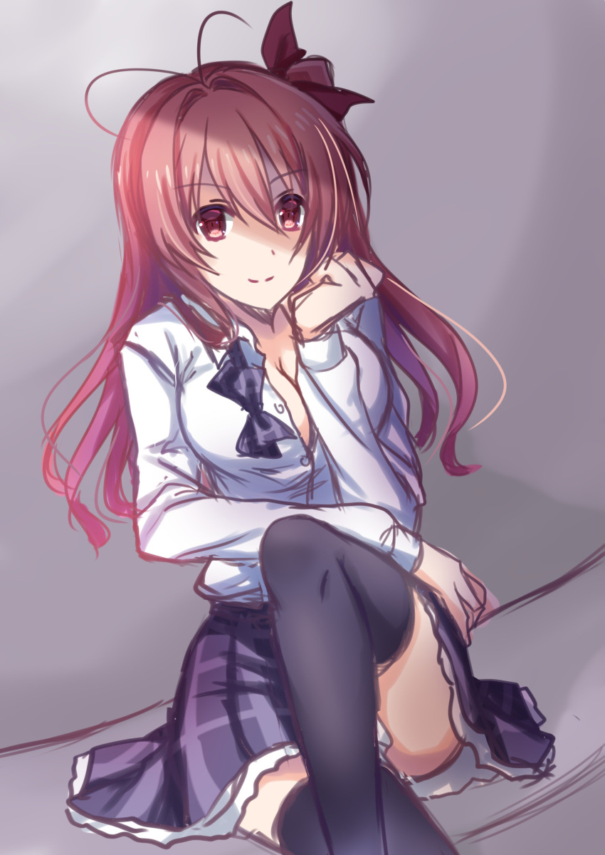 1girl absurdres antenna_hair black_legwear chaos;head evil_smile hair_ribbon highres legs_crossed long_hair looking_at_viewer nishijou_myu one_side_up open_clothes pink_eyes pink_hair ribbon sakihata_rimi school_uniform sitting skirt smile solo thigh-highs zettai_ryouiki