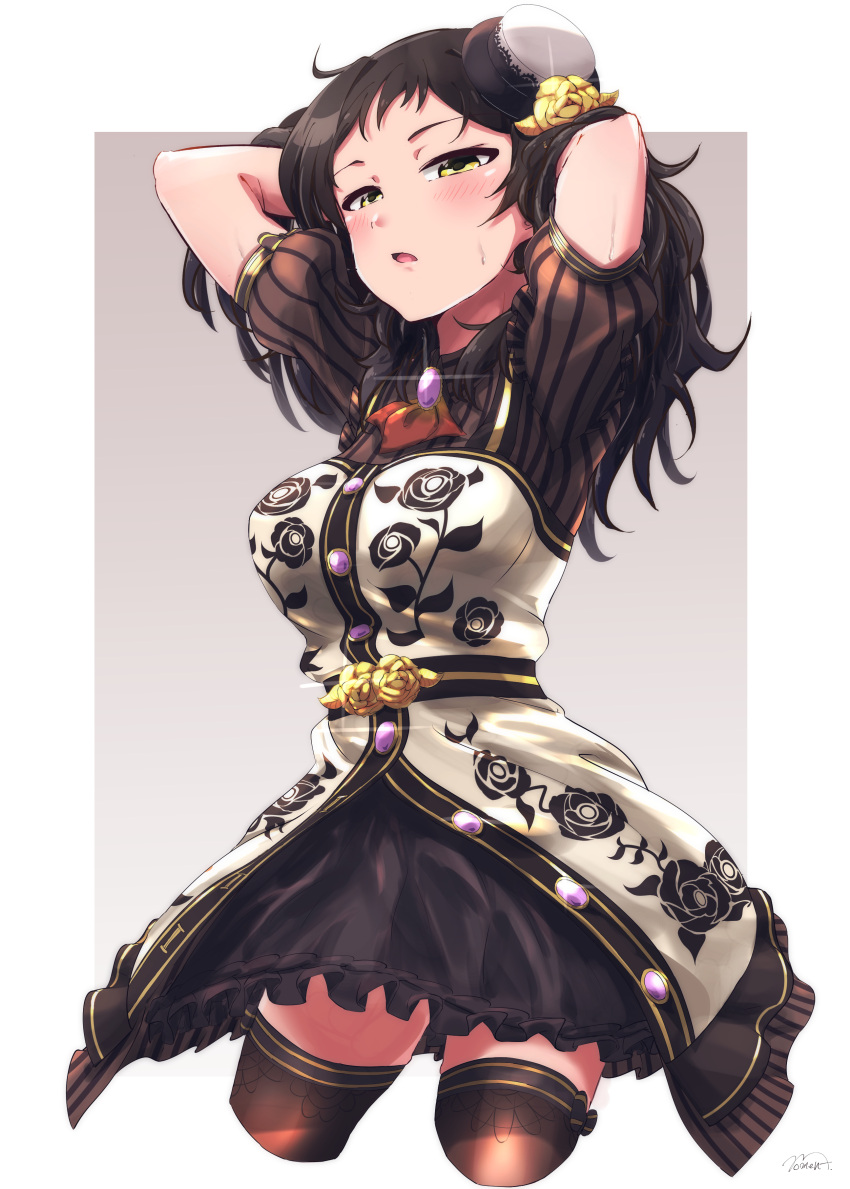 1girl absurdres arms_behind_head black_legwear brooch brown_hair flower hands_up hat highres idolmaster idolmaster_million_live! jewelry kitazawa_shiho long_hair looking_at_viewer mini_hat moment_(moment_607) puffy_short_sleeves puffy_sleeves rose short_sleeves simple_background solo sweat thigh-highs top_hat yellow_eyes