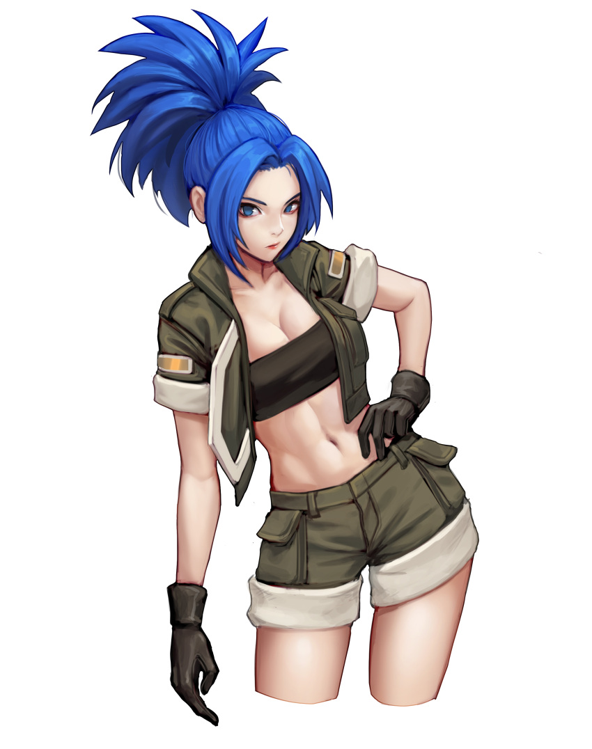 1girl absurdres blue_eyes blue_hair breasts cleavage closed_mouth commentary ears_visible_through_hair gloves green_gloves hand_on_hip highres jungon_kim leona_heidern long_hair looking_at_viewer navel short_sleeves shorts solo the_king_of_fighters