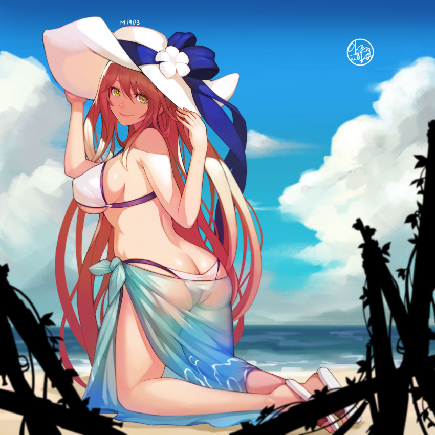 1girl alternate_costume ass bangs bare_arms bare_shoulders beach bikini blue_sky blush breasts brown_hair butt_crack character_name clouds crotch_seam day dspell from_behind girls_frontline green_eyes hair_between_eyes hair_rings hands_on_headwear hat highres kneeling large_breasts long_hair looking_at_viewer looking_back m1903_springfield_(girls_frontline) ocean outdoors sandals sarong see-through sidelocks signature sky smile solo sun_hat swimsuit