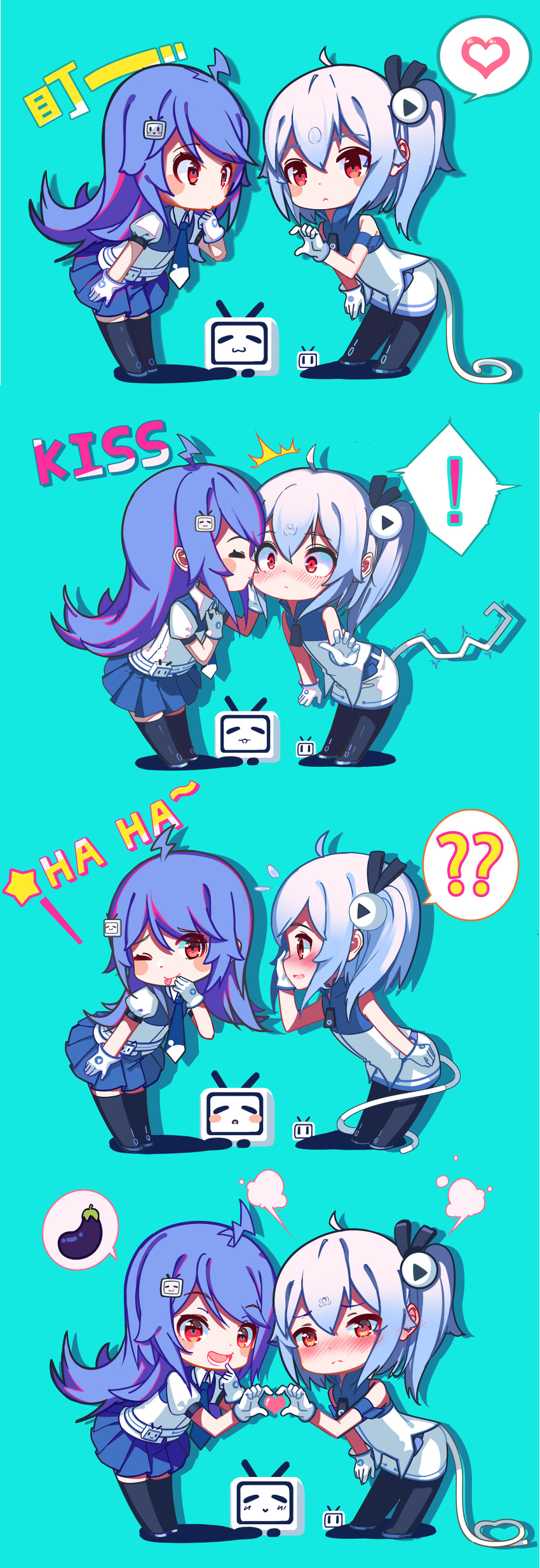 ! 2girls :&lt; ? absurdres bbsucg belt bili_girl_22 bili_girl_33 bilibili_douga black_legwear blue_hair blue_neckwear blue_skirt blush chibi closed_eyes closed_mouth collared_shirt constricted_pupils eggplant eyebrows_visible_through_hair facing_another gloves hair_ornament heart heart_hands heart_hands_duo highres kiss long_hair multiple_girls necktie one_eye_closed open_mouth pantyhose parted_lips play_button red_eyes shirt short_hair short_ponytail side_ponytail skirt smile speech_bubble spoken_exclamation_mark spoken_heart spoken_question_mark tail thigh-highs tongue tongue_out white_gloves white_skirt yuri