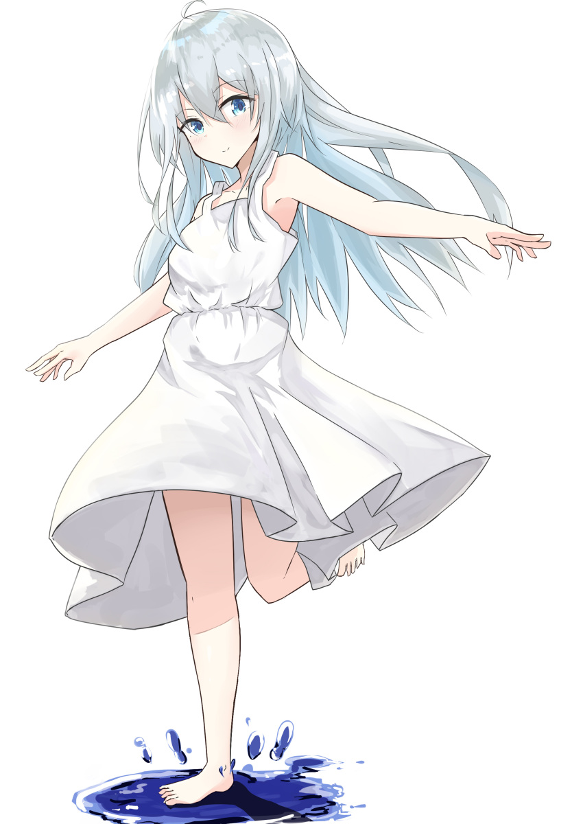 1girl absurdres blue_eyes blush closed_mouth dress evening_rabbit eyebrows_visible_through_hair full_body hair_between_eyes hibiki_(kantai_collection) highres kantai_collection long_dress long_hair looking_at_viewer open_mouth puddle silver_hair simple_background smile solo tagme water white_background